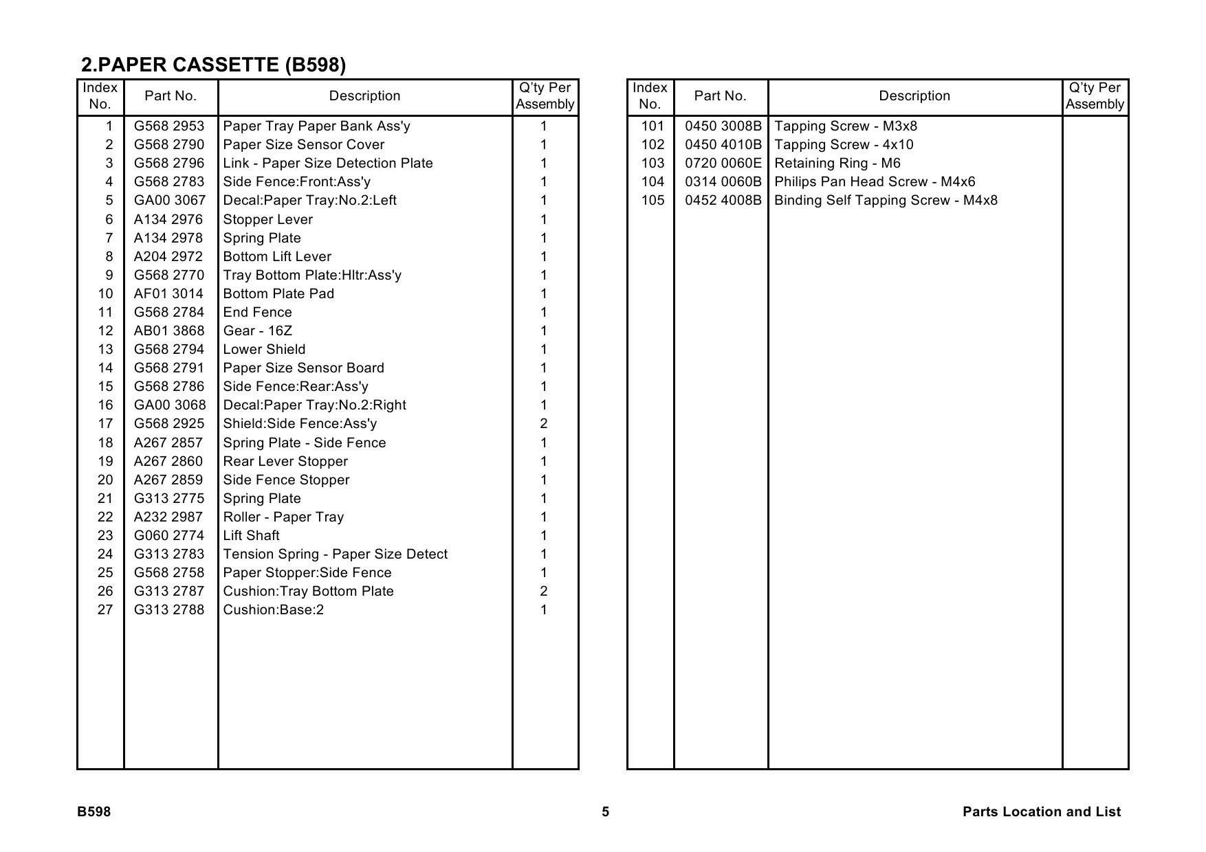 RICOH Options B598 2-TRAY-PAPER-FEED-UNIT-PS550-PS590 Parts Catalog PDF download-2